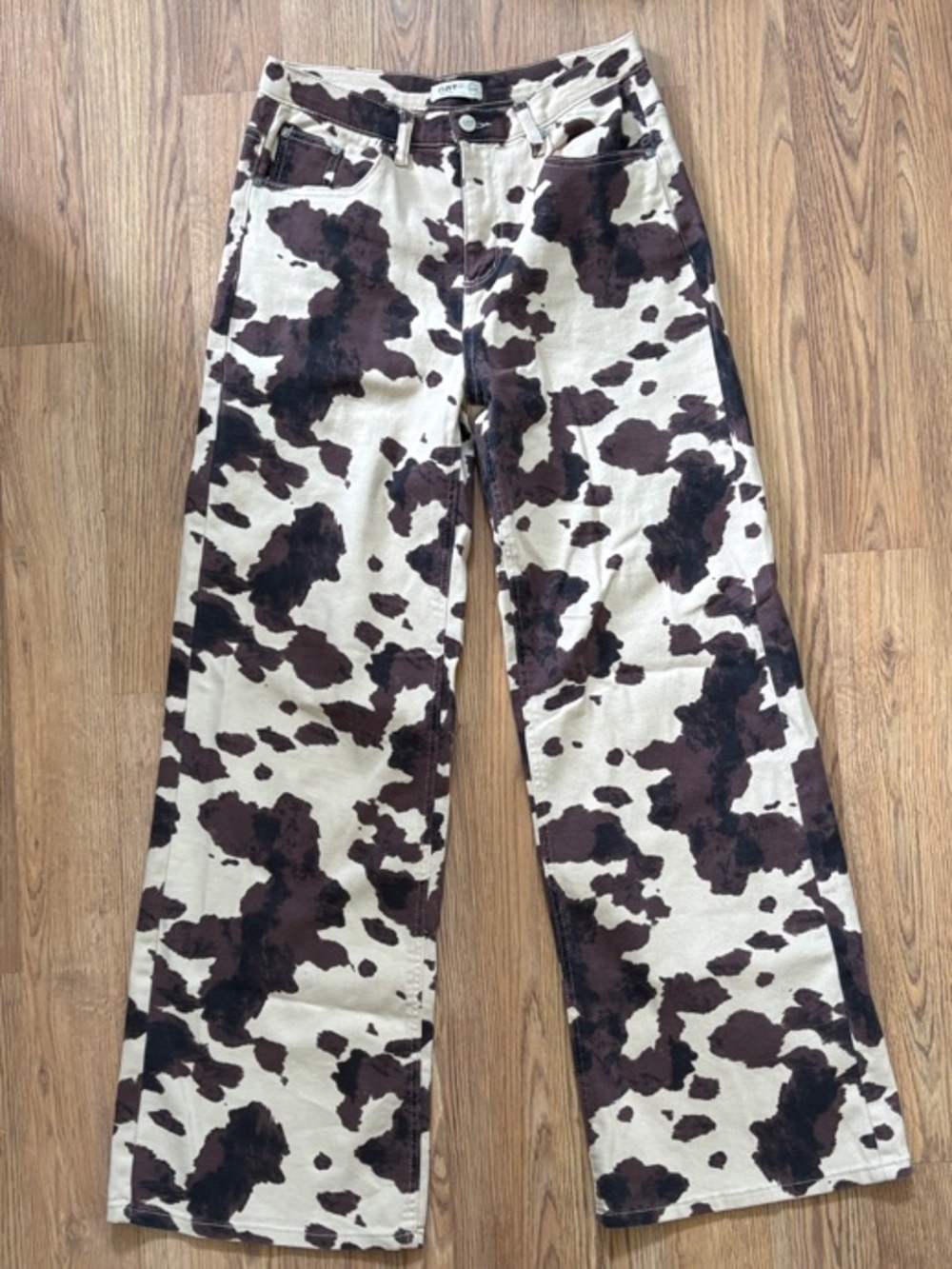 Oat New York Cream and Dark Brown Cowprint Wide Leg Jeans - Picture 2 of 7